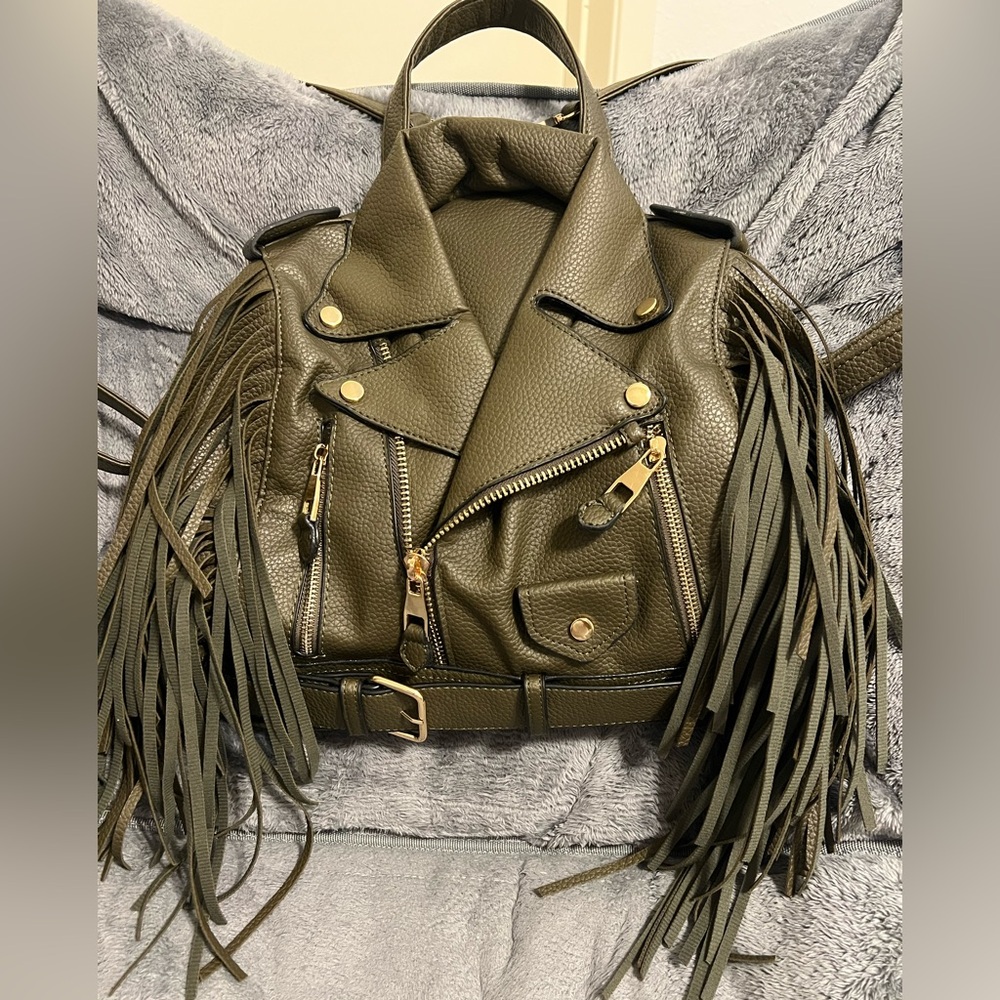 NEW!!! Faux Vegan, Green Biker Jacket Fringe Backpack! 😍 NEW! Unique Gift!